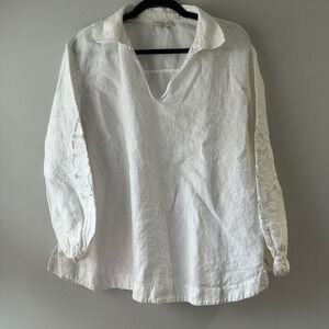 Lafayette 148 New York White Linen Embroidered Sleeve V Neck Tunic Top Size L